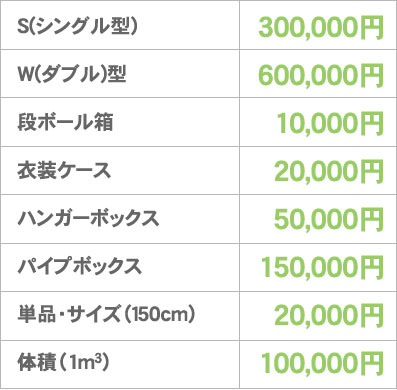 S(シングル型) 300,000円, W(ダブル)型 450,000円, 段ボール箱 10,000円, 衣装ケース 20,000円, ハンガーボックス 50,000円, カーゴボックス 150,000円, 単品サイズ(150cm) 20,000円, 体積(1m3) 100,000円